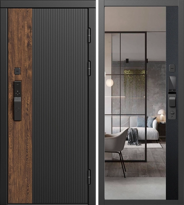 Входная дверь Престиж с умным замком - зеркало Панорама Черный кварц для установки в квартиру 32270