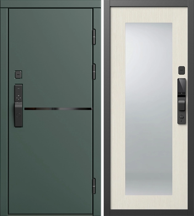 Входная дверь Тренд Грин с умным замком - зеркало Оптима Лиственница белая для установки в квартиру 32929