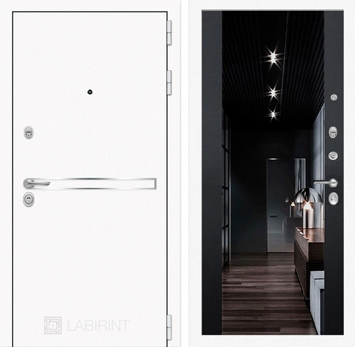Входная металлическая дверь Лабиринт Line White с зеркалом Максимум (Шагрень белая / Черный кварц)