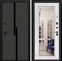 Входная дверь Карбон 3к с зеркалом Фацет (Лофт графит / Белый софт)