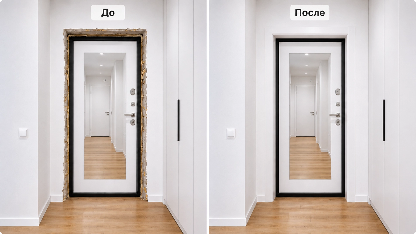 Доборы и наличники в белом цвете до и после установки в дверной проём